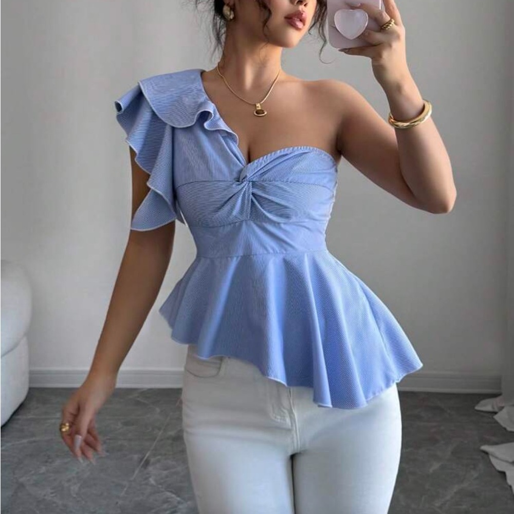 Rafferiza Sexy Asymmetrical Multi Layer Ruffle Hem Blouse